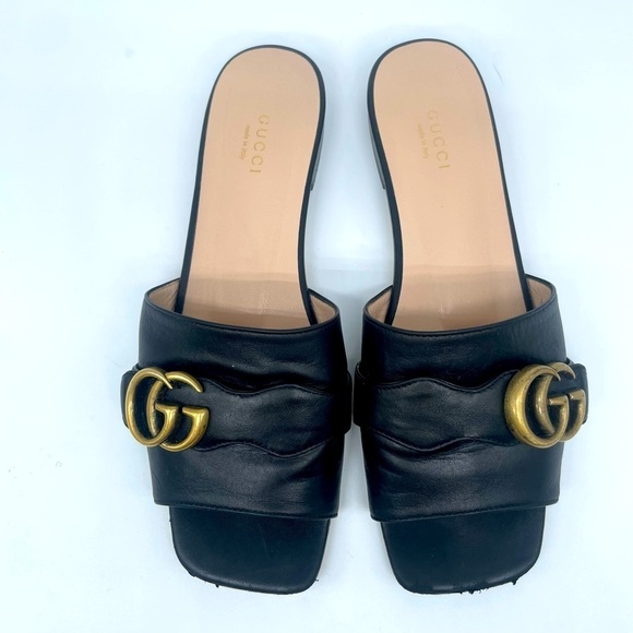 Gucci Shoes - Gucci Black leather Marmont Double G Slide Sandals EU 37.5 US 7.5